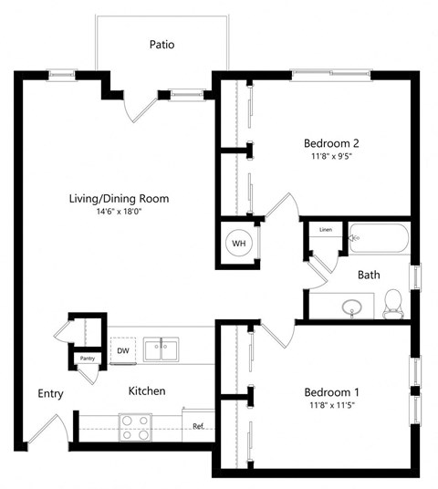 Floor plan for 2 beds, 1 bath, 912 sqft
